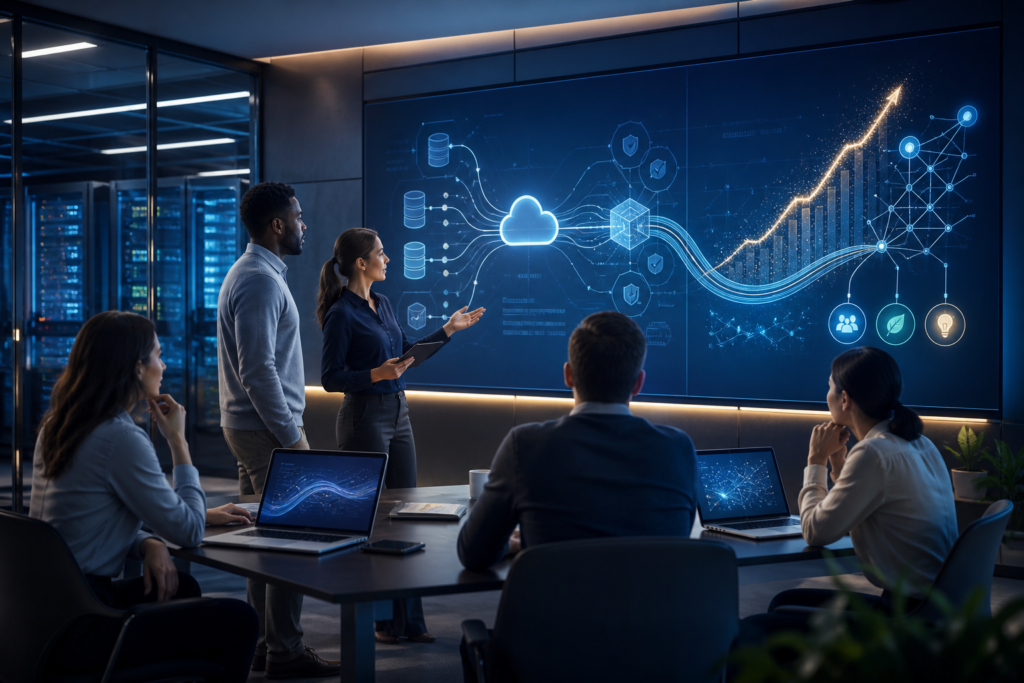 Créer une illustration éditoriale moderne et professionnelle représentant une stratégie data d’entreprise : une équipe diverse de professionnels réunis dans un espace de travail contemporain, observant un grand écran lumineux montrant des visualisations abstraites de données, graphiques, flux connectés et tendances en progression. Faire apparaître de manière subtile le parcours complet de la donnée — collecte depuis plusieurs sources, stockage sécurisé dans une infrastructure cloud, analyse algorithmique et transformation en décisions stratégiques — avec des éléments visuels évoquant la qualité des données, la cybersécurité, l’innovation et l’amélioration continue. Ambiance intelligente, collaborative et tournée vers l’avenir, palette bleu profond, cyan et touches chaleureuses, éclairage cinématographique doux, composition claire et équilibrée, style premium de magazine business, rendu réaliste et légèrement futuriste, sans texte, sans chiffres lisibles, sans logos ni marques.